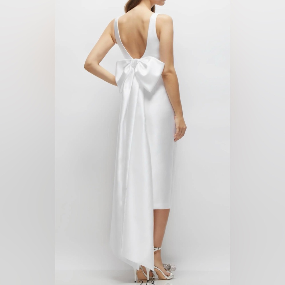 NEW Alfred Sung D864 White Bow-Back Satin Twill Midi Dress, Size 4